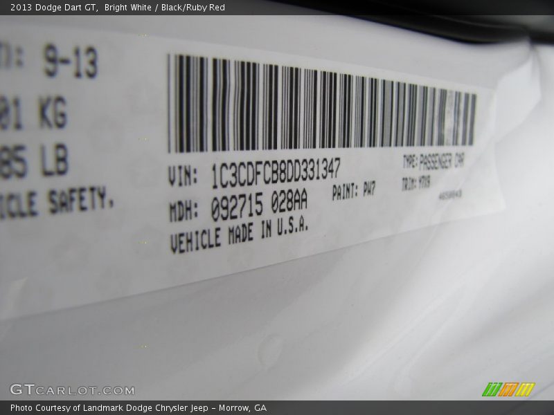 Bright White / Black/Ruby Red 2013 Dodge Dart GT