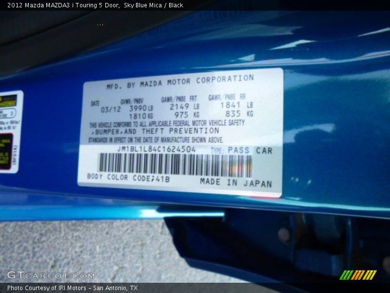 Sky Blue Mica / Black 2012 Mazda MAZDA3 i Touring 5 Door