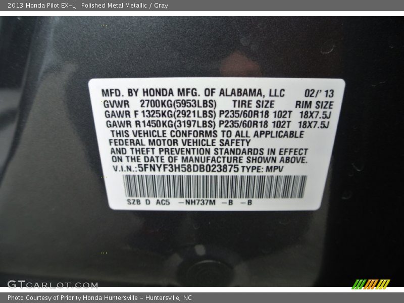 Polished Metal Metallic / Gray 2013 Honda Pilot EX-L