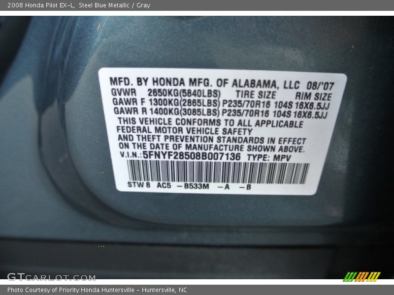 Steel Blue Metallic / Gray 2008 Honda Pilot EX-L