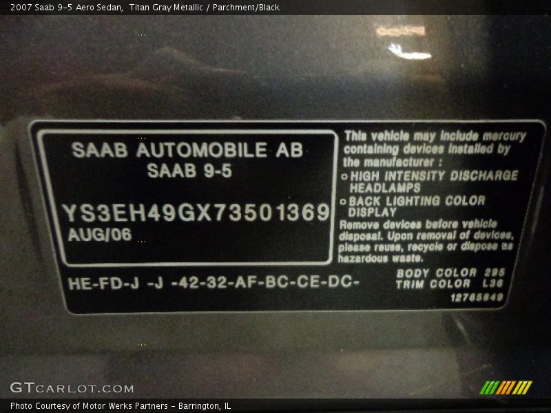 Titan Gray Metallic / Parchment/Black 2007 Saab 9-5 Aero Sedan