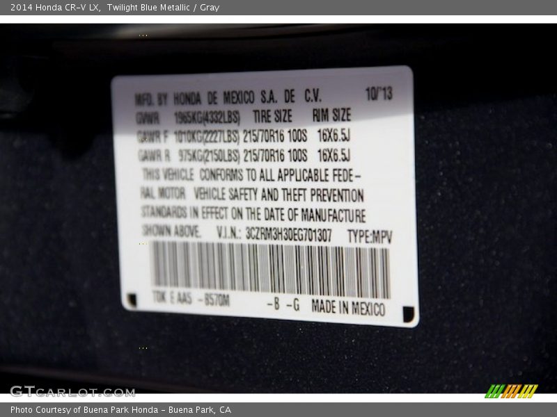 2014 CR-V LX Twilight Blue Metallic Color Code B570M