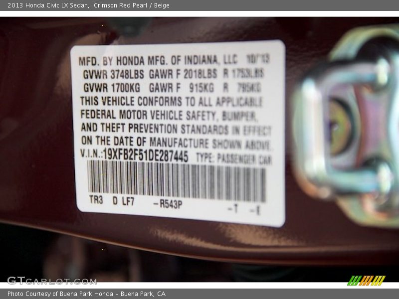 Crimson Red Pearl / Beige 2013 Honda Civic LX Sedan