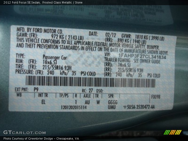 Frosted Glass Metallic / Stone 2012 Ford Focus SE Sedan
