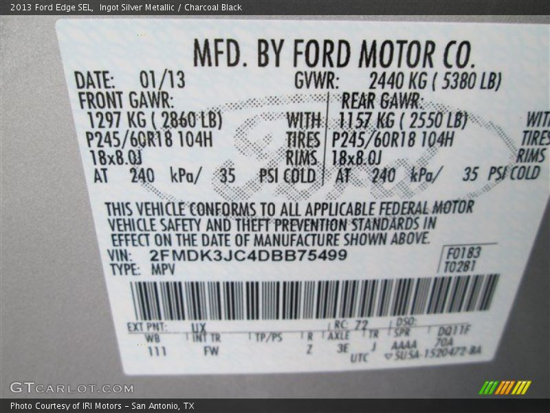 Ingot Silver Metallic / Charcoal Black 2013 Ford Edge SEL