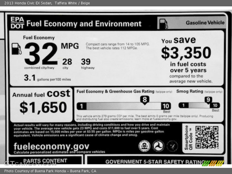 Taffeta White / Beige 2013 Honda Civic EX Sedan