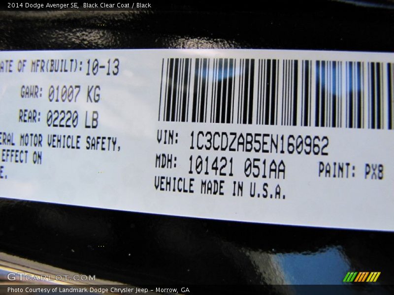 Black Clear Coat / Black 2014 Dodge Avenger SE