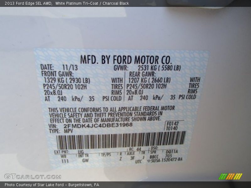 White Platinum Tri-Coat / Charcoal Black 2013 Ford Edge SEL AWD