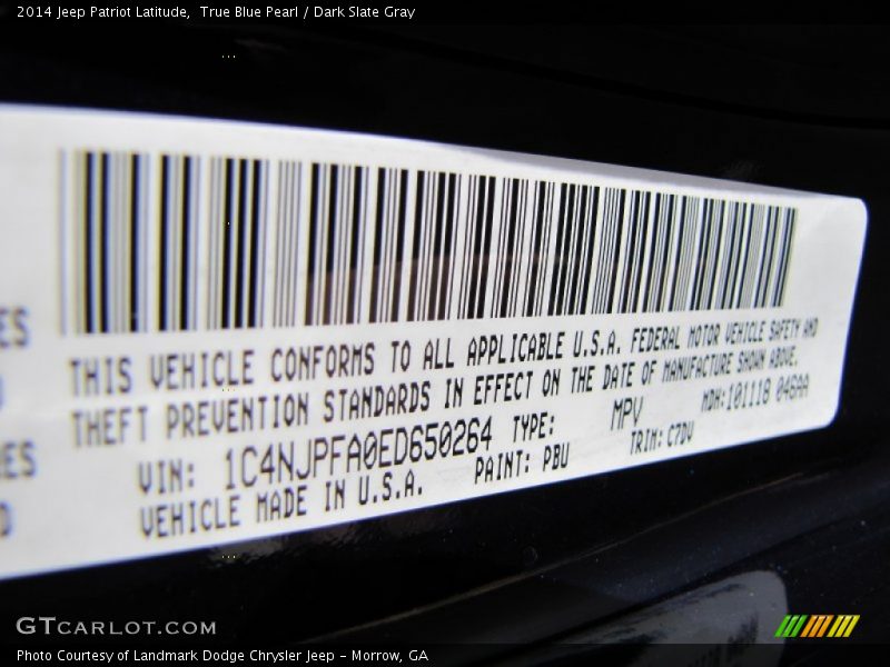 2014 Patriot Latitude True Blue Pearl Color Code PBU