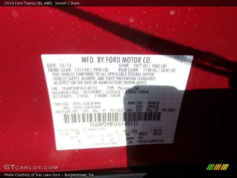 Sunset / Dune 2014 Ford Taurus SEL AWD