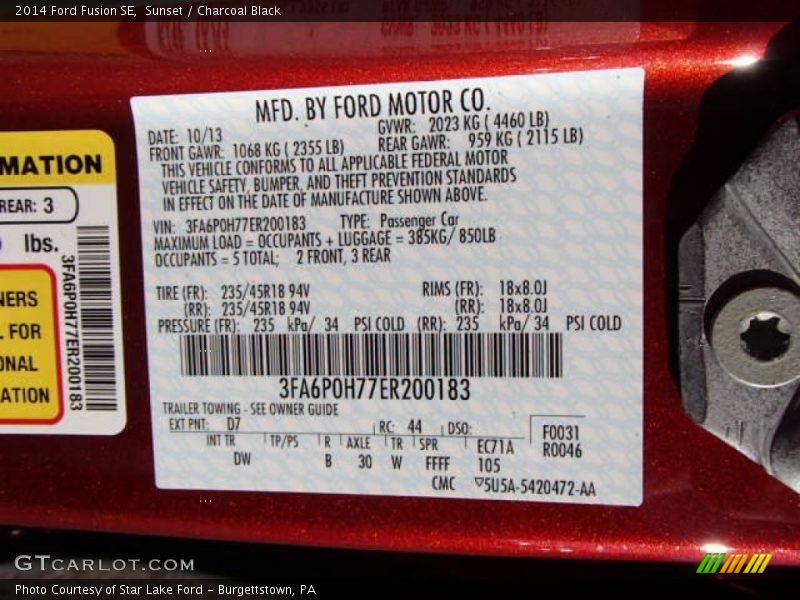 2014 Fusion SE Sunset Color Code D7