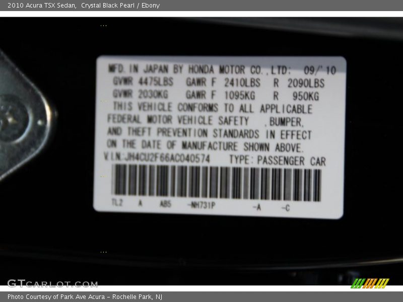 Crystal Black Pearl / Ebony 2010 Acura TSX Sedan