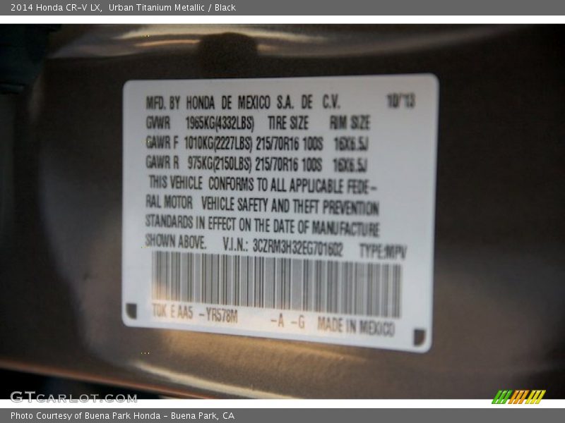Urban Titanium Metallic / Black 2014 Honda CR-V LX