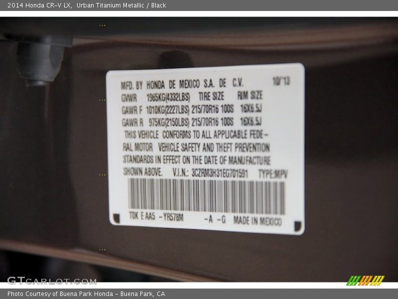 2014 CR-V LX Urban Titanium Metallic Color Code YR578M
