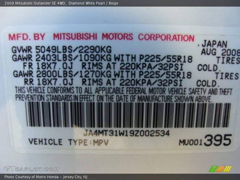 Diamond White Pearl / Beige 2009 Mitsubishi Outlander SE 4WD