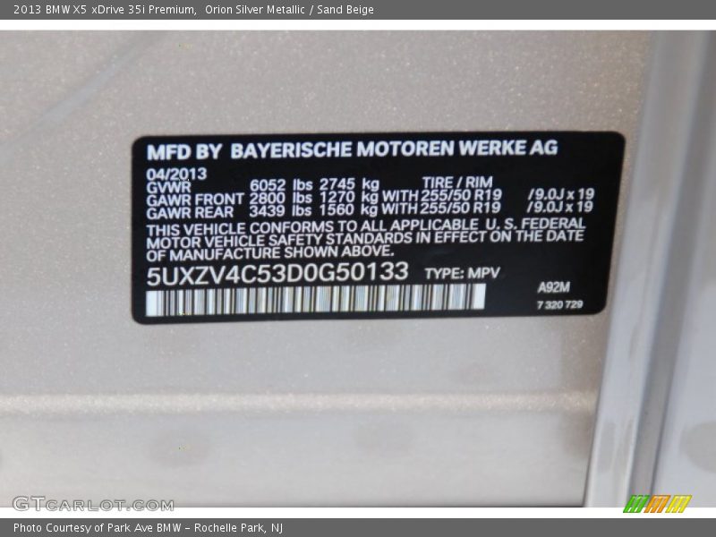 2013 X5 xDrive 35i Premium Orion Silver Metallic Color Code A92