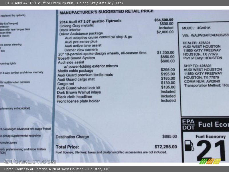 Oolong Gray Metallic / Black 2014 Audi A7 3.0T quattro Premium Plus