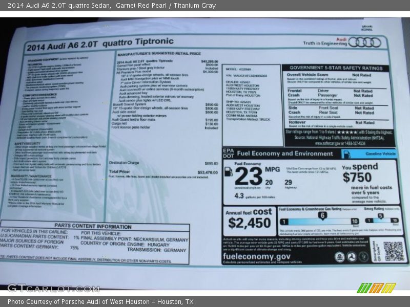  2014 A6 2.0T quattro Sedan Window Sticker