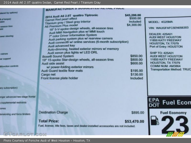  2014 A6 2.0T quattro Sedan Window Sticker
