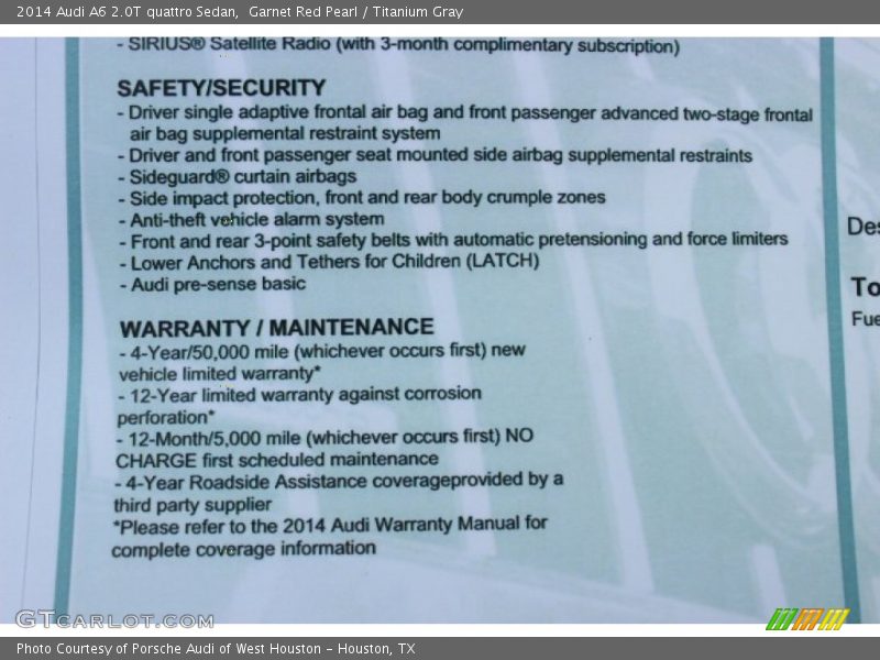  2014 A6 2.0T quattro Sedan Window Sticker
