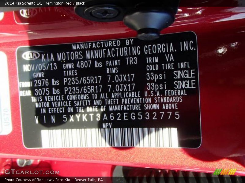 2014 Sorento LX Remington Red Color Code TR3
