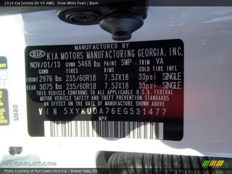 2014 Sorento EX V6 AWD Snow White Pearl Color Code SWP