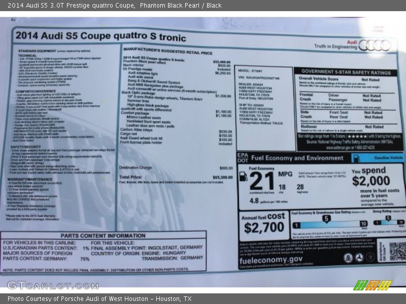  2014 S5 3.0T Prestige quattro Coupe Window Sticker