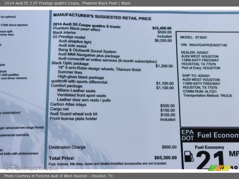  2014 S5 3.0T Prestige quattro Coupe Window Sticker