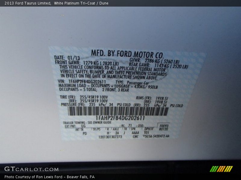 White Platinum Tri-Coat / Dune 2013 Ford Taurus Limited