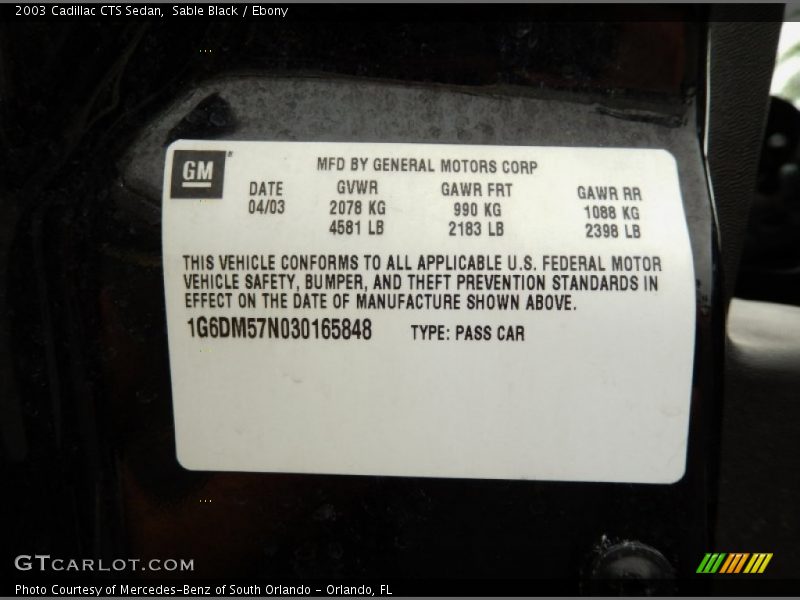 Sable Black / Ebony 2003 Cadillac CTS Sedan
