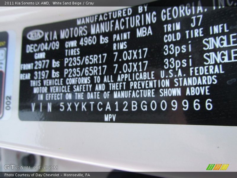 White Sand Beige / Gray 2011 Kia Sorento LX AWD
