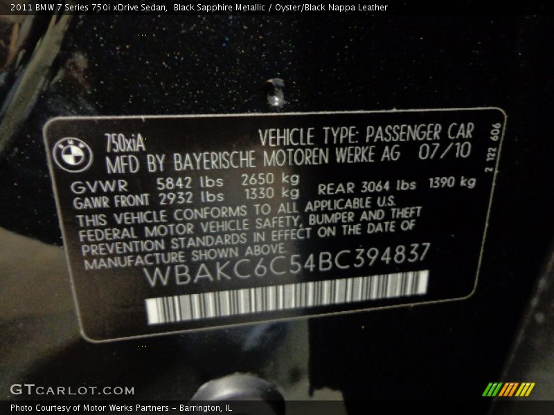 Black Sapphire Metallic / Oyster/Black Nappa Leather 2011 BMW 7 Series 750i xDrive Sedan