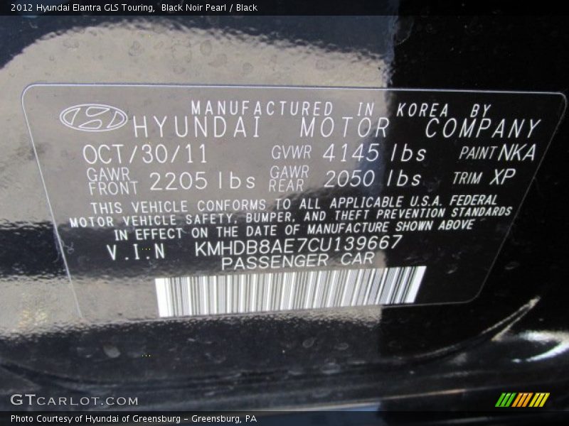 Black Noir Pearl / Black 2012 Hyundai Elantra GLS Touring