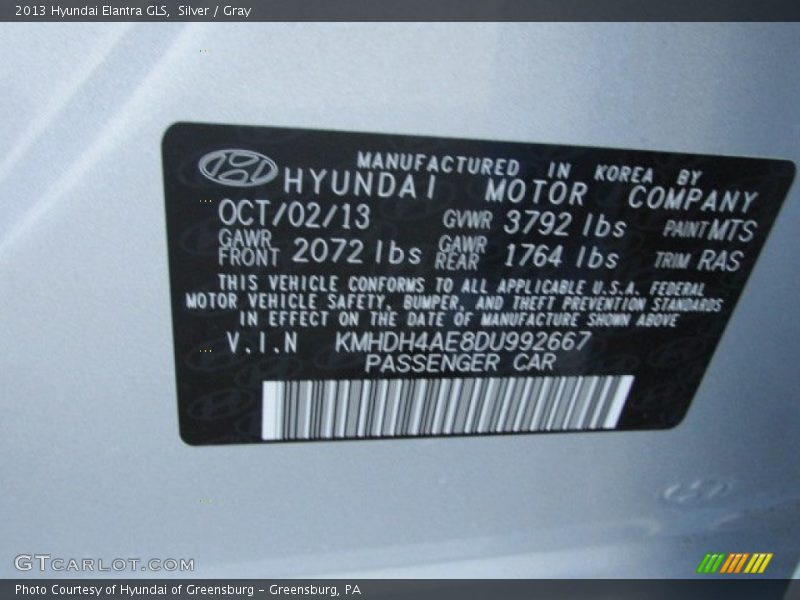 Silver / Gray 2013 Hyundai Elantra GLS