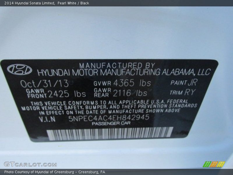 Pearl White / Black 2014 Hyundai Sonata Limited