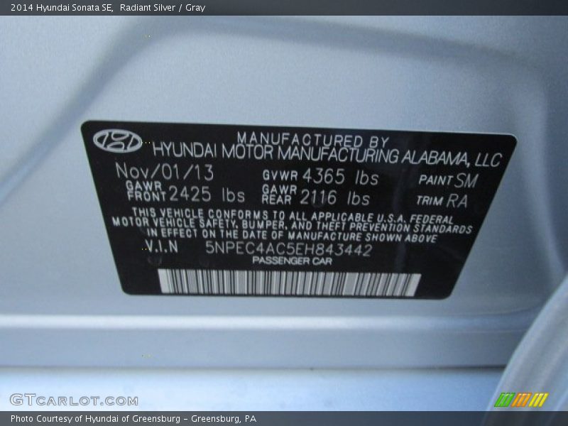 Radiant Silver / Gray 2014 Hyundai Sonata SE