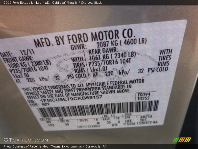 Gold Leaf Metallic / Charcoal Black 2012 Ford Escape Limited 4WD