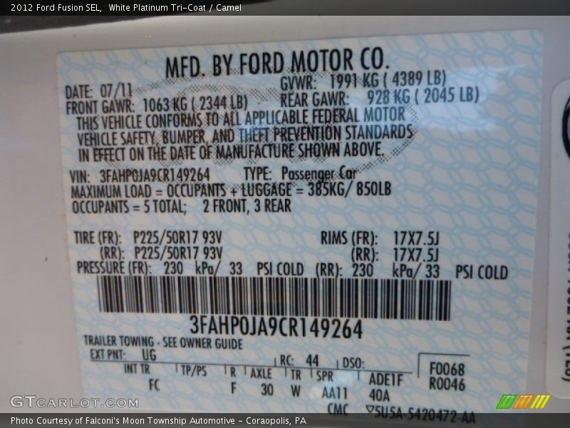 White Platinum Tri-Coat / Camel 2012 Ford Fusion SEL