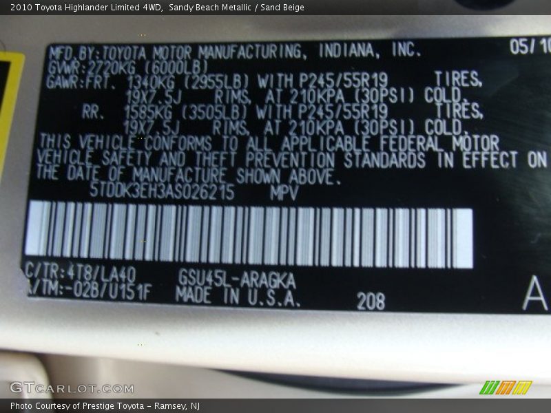 Sandy Beach Metallic / Sand Beige 2010 Toyota Highlander Limited 4WD