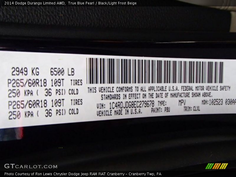 2014 Durango Limited AWD True Blue Pearl Color Code PBU