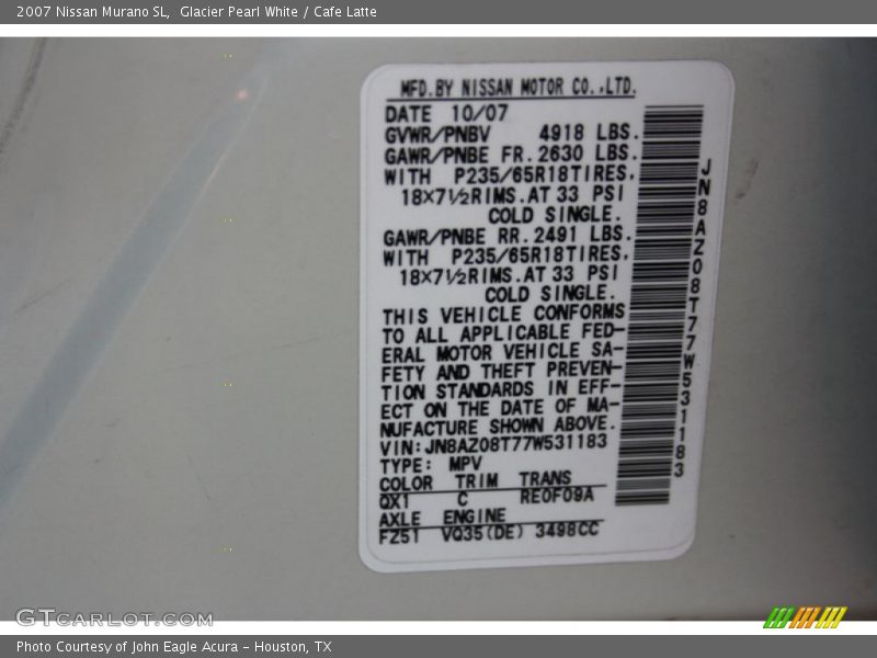 Glacier Pearl White / Cafe Latte 2007 Nissan Murano SL