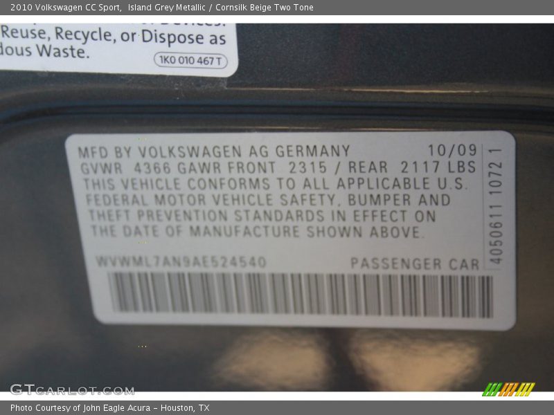 Island Grey Metallic / Cornsilk Beige Two Tone 2010 Volkswagen CC Sport
