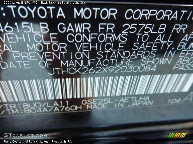 Black Sapphire Pearl / Light Gray 2009 Lexus IS 250 AWD