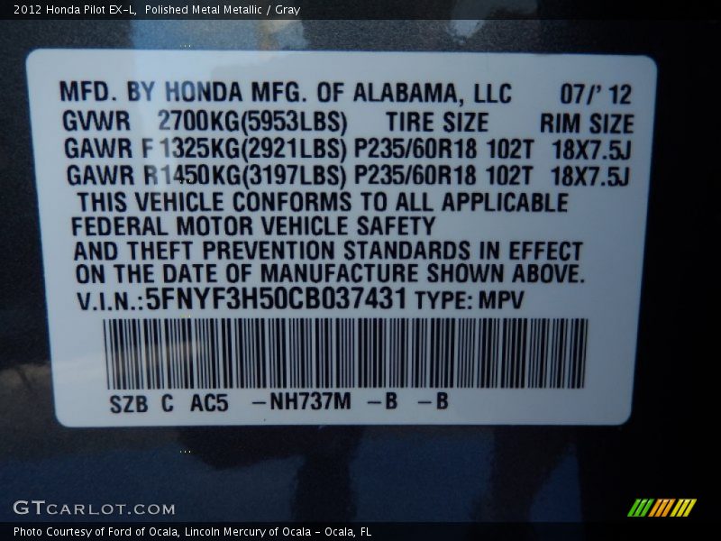 Polished Metal Metallic / Gray 2012 Honda Pilot EX-L