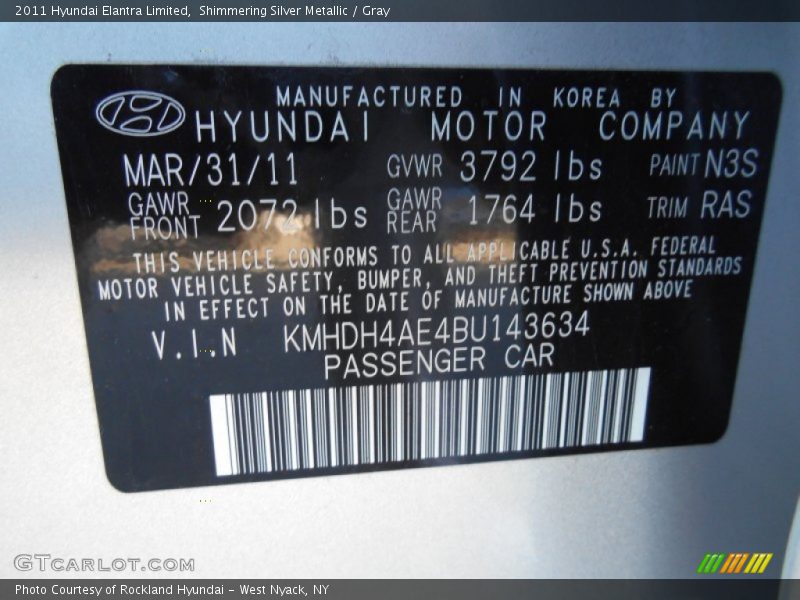 Shimmering Silver Metallic / Gray 2011 Hyundai Elantra Limited