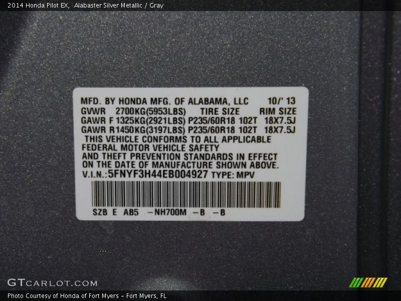 2014 Pilot EX Alabaster Silver Metallic Color Code NH700M