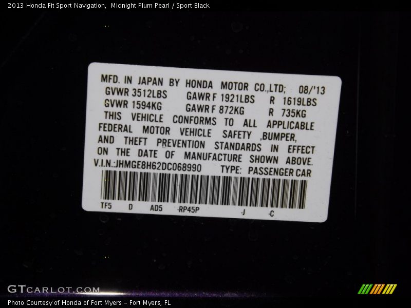 2013 Fit Sport Navigation Midnight Plum Pearl Color Code RP45P