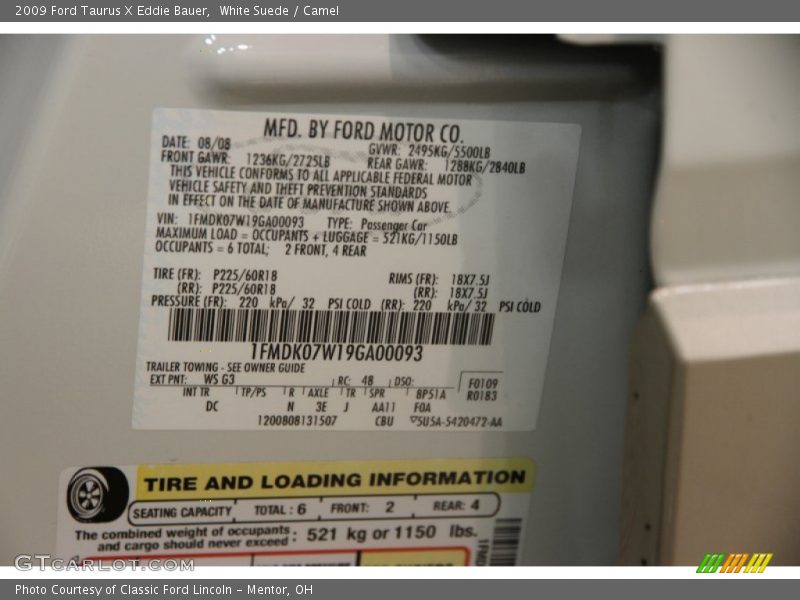 2009 Taurus X Eddie Bauer White Suede Color Code WS