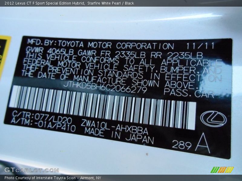 Starfire White Pearl / Black 2012 Lexus CT F Sport Special Edition Hybrid