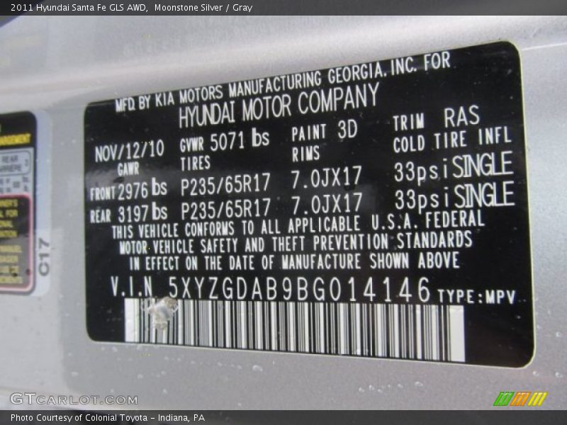 Moonstone Silver / Gray 2011 Hyundai Santa Fe GLS AWD